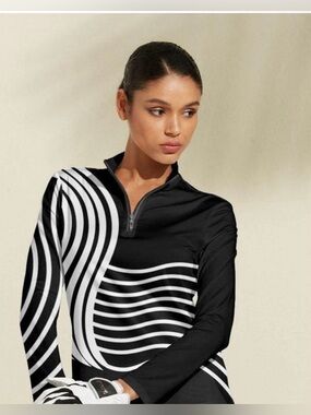 ACEGOLFS Black & White Abstract Zip-Up Athletic Top Size L NWT Stretch